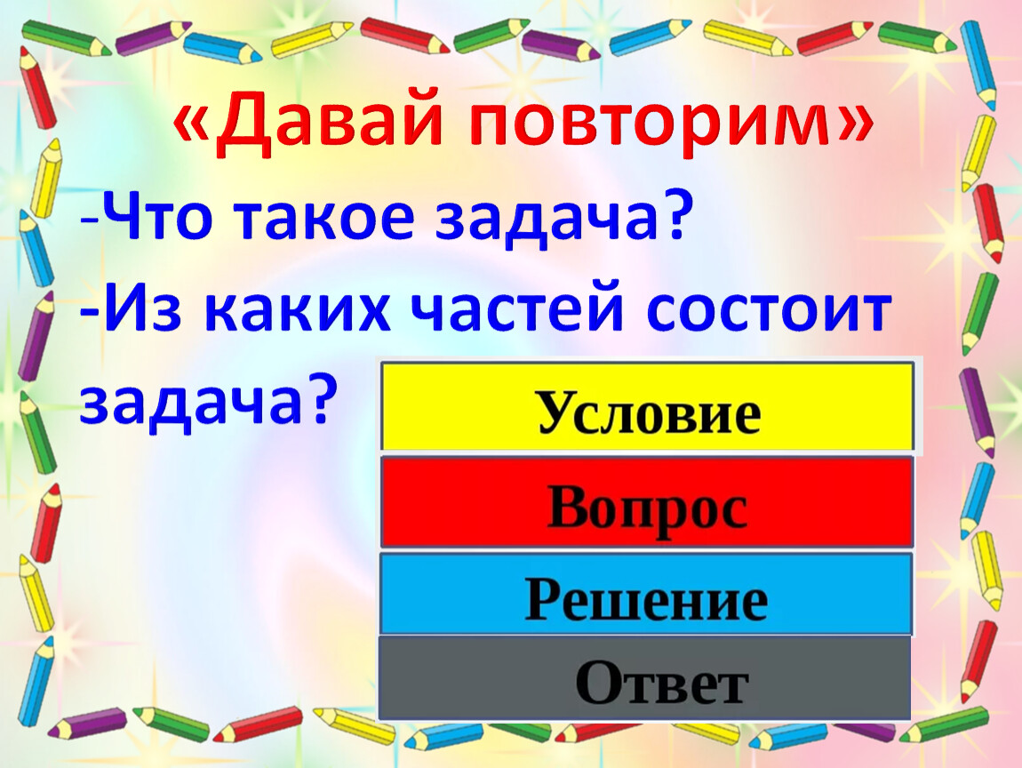 Добро давай повторим. Из каких частей состоит задача. Повторить из чего состоит задача. Из чего состоит задача 1 класс. Давайте повторим картинка.