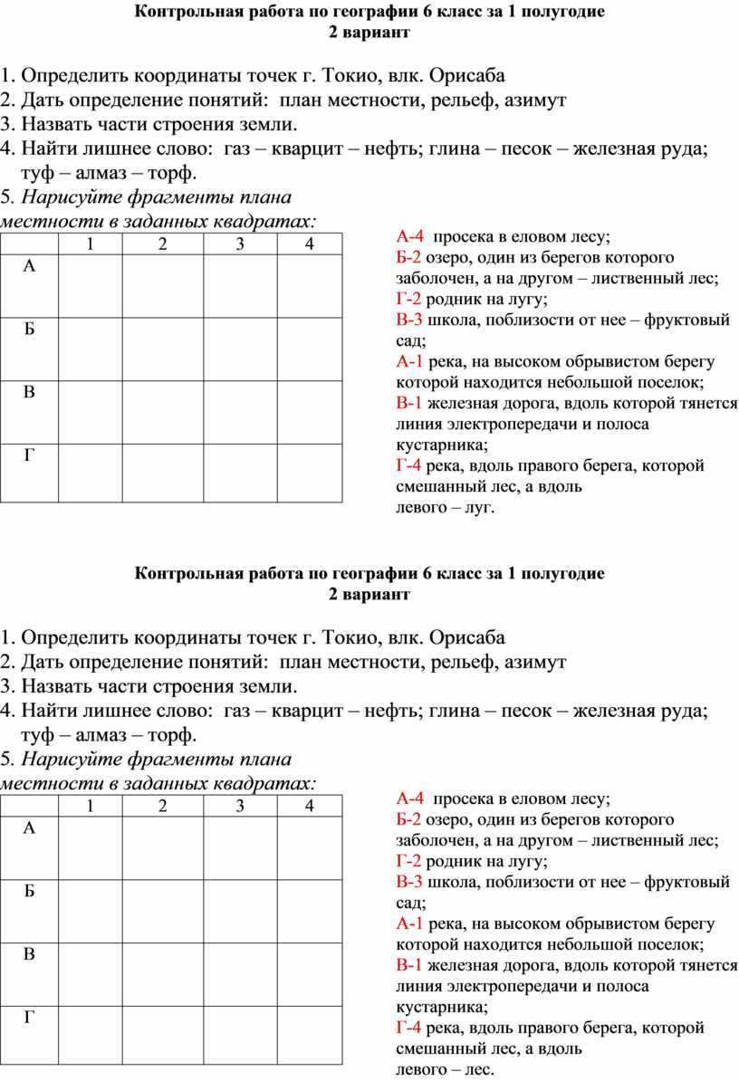 Контрольная работа по географии 6 класс за 1 полугодие 1 вариант