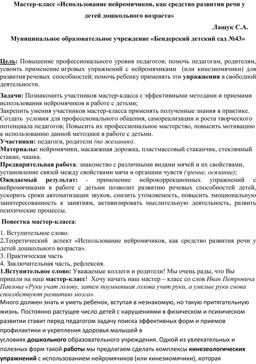 Мастер-класс «Использование нейромячиков, как средство развития речи у  детей дошкольного возраста»