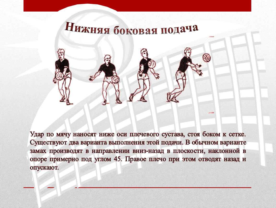 Нижняя боковая. Нижняя боковая подача. В нижней боковой подаче удар по мячу наносится. Нижняя и боковая подача воды. Нижний боковой удар.