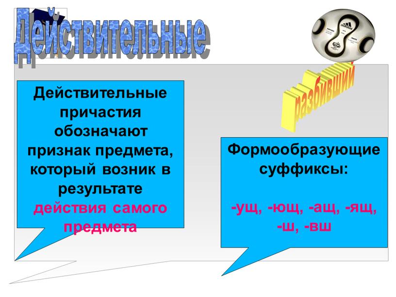 Действительные разбивший Действительные причастия обозначают признак предмета, который возник в результате действия самого предмета