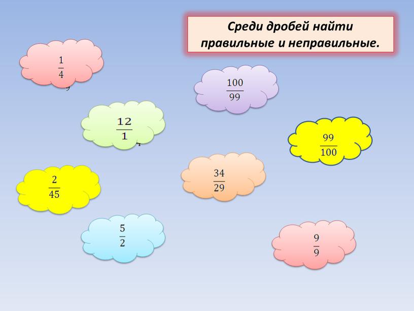 Среди дробей найти правильные и неправильные