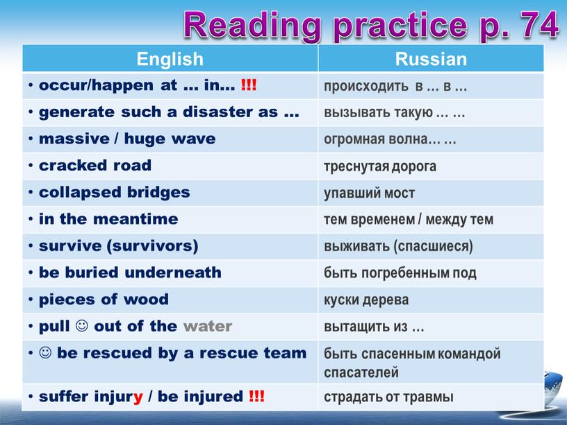 Reading practice p. 74 English