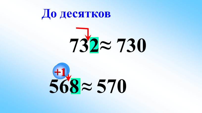 568 732 ≈ 730 ≈ 570 До десятков +1