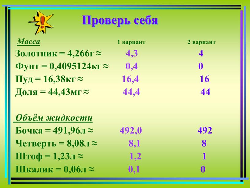 Проверь себя Масса 1 вариант 2 вариант