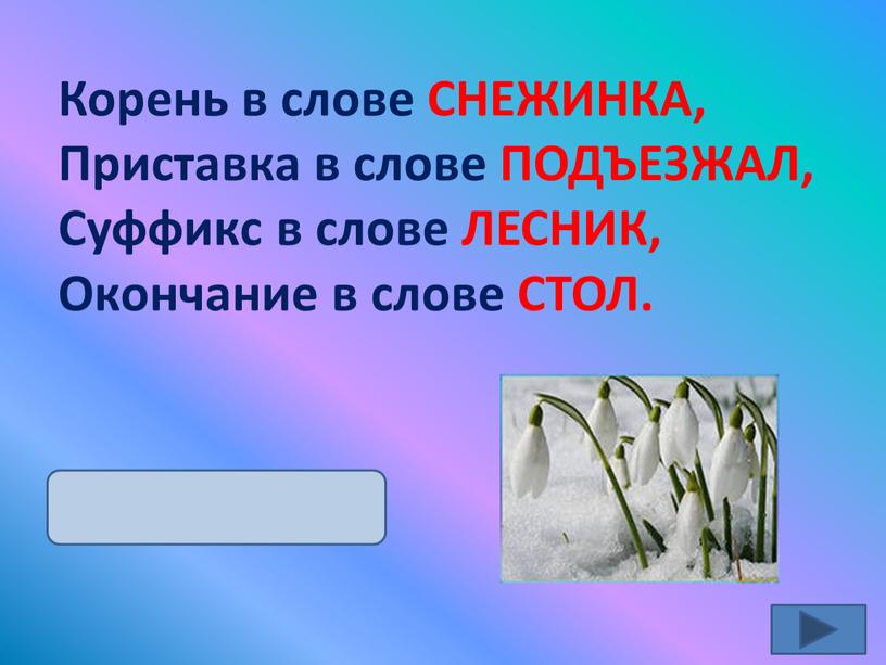 Корень в слове СНЕЖИНКА, Приставка в слове