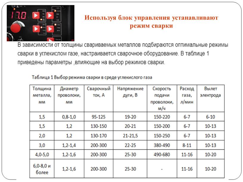 Используя блок управления устанавливают режим сварки