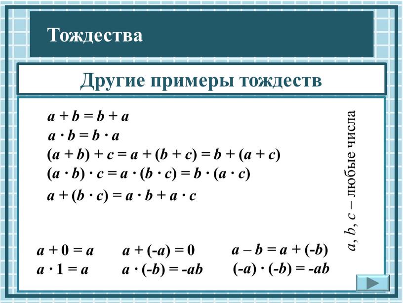 а + b = b + a а · b = b · a ( a + b ) + c = a + (…