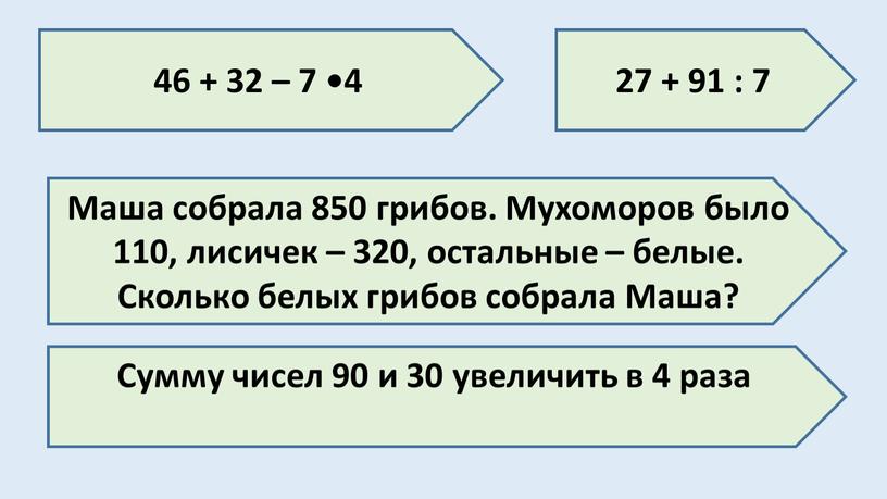 Маша собрала 850 грибов. Мухоморов было 110, лисичек – 320, остальные – белые