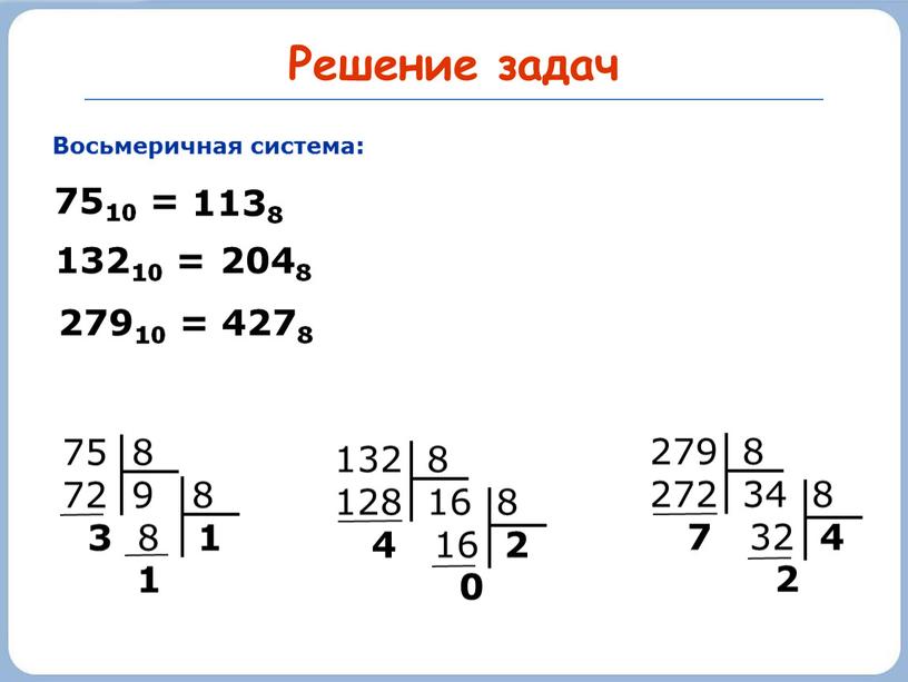 Решение задач Восьмеричная система: 7510 = 132 8 128 16 8 4 16 2 0 2048 75 8 72 9 8 3 8 1 1…