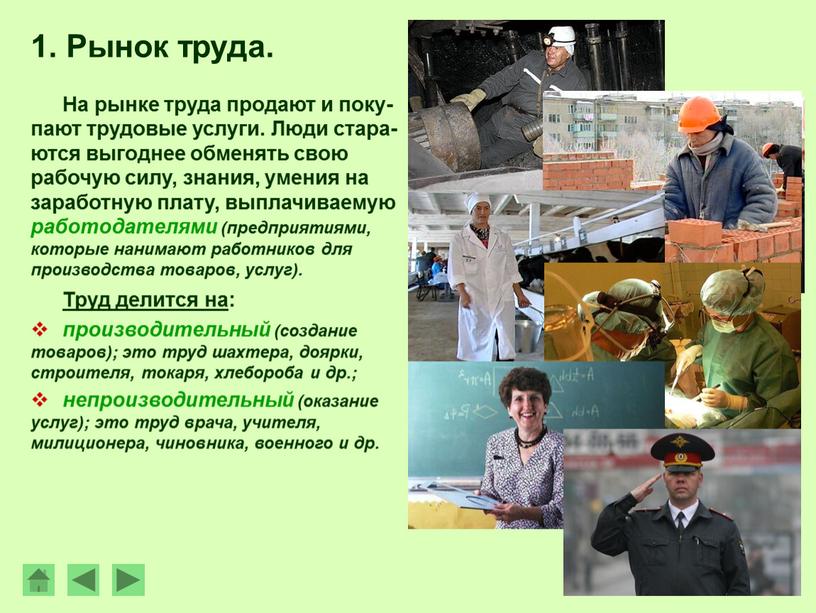 Рынок труда. На рынке труда продают и поку-пают трудовые услуги