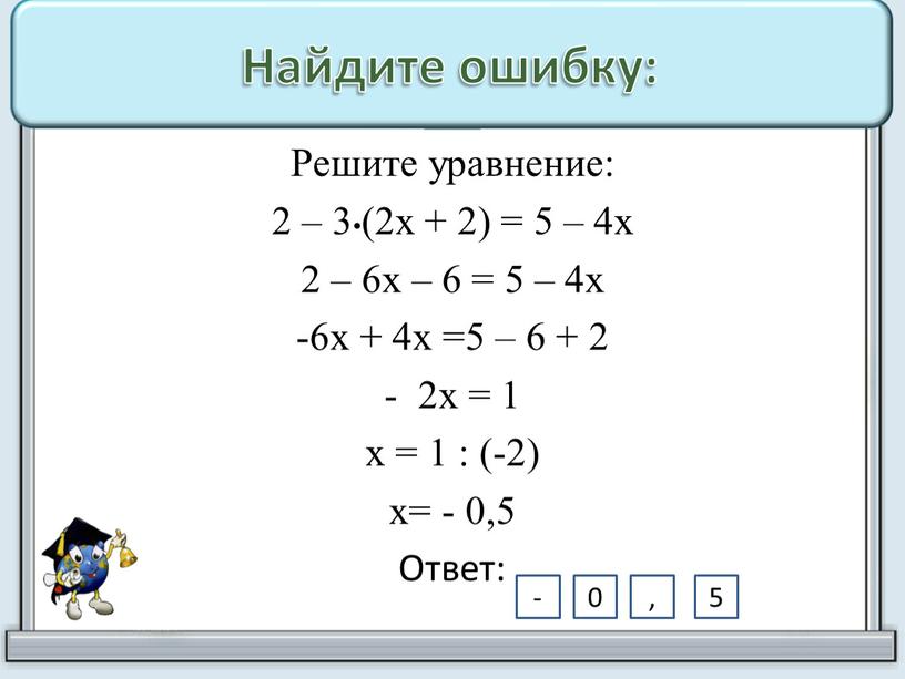 Найдите ошибку: Решите уравнение: 2 – 3•(2х + 2) = 5 – 4х 2 – 6х – 6 = 5 – 4х -6х + 4х…