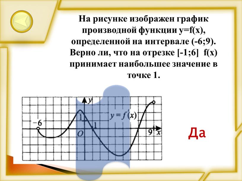 На рисунке изображен график производной функции у=f(х), определенной на интервале (-6;9)