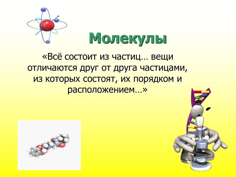 Молекулы «Всё состоит из частиц… вещи отличаются друг от друга частицами, из которых состоят, их порядком и расположением…»