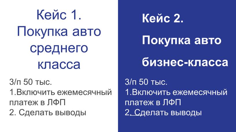 Кейс 1. Покупка авто среднего класса 3/п 50 тыс