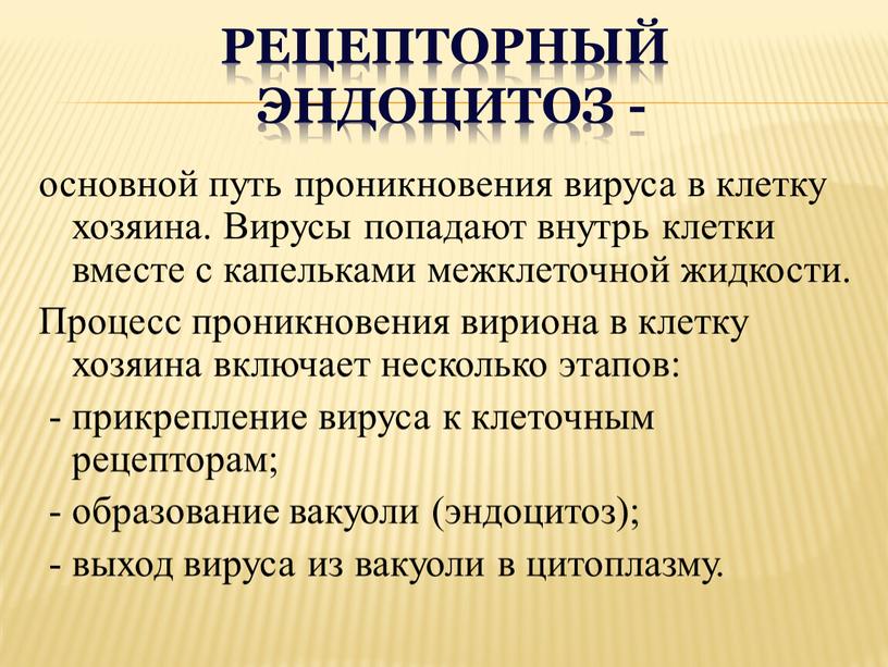 Рецепторный эндоцитоз - основной путь проникновения вируса в клетку хозяина