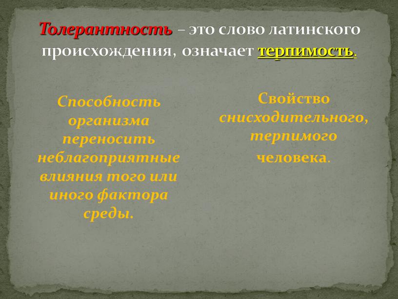 Толерантность – это слово латинского происхождения, означает терпимость