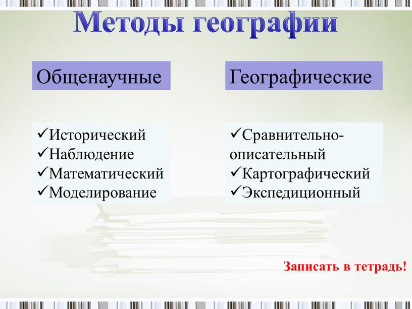 Методы географии Общенаучные Географические