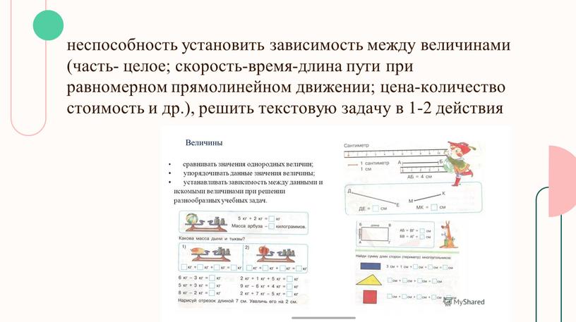 неспособность установить зависимость между величинами (часть- целое; скорость-время-длина пути при равномерном прямолинейном движении; цена-количество стоимость и др.), решить текстовую задачу в 1-2 действия