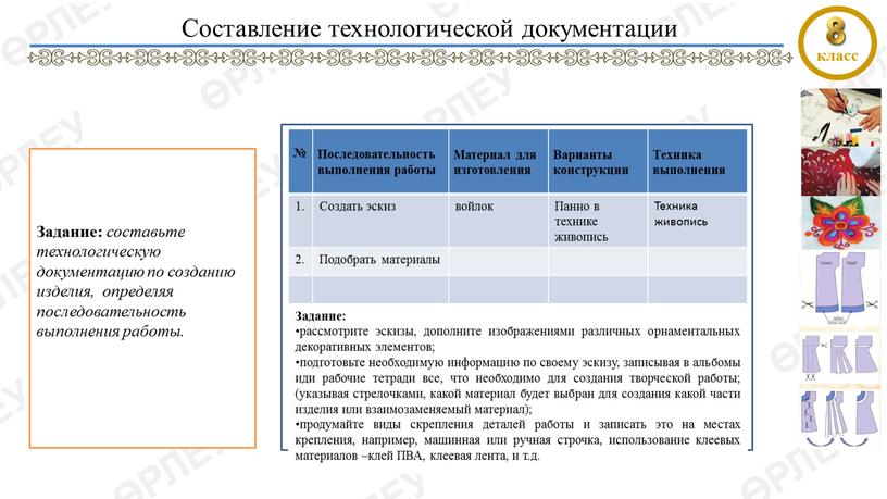 Задание: составьте технологическую документацию по созданию изделия, определяя последовательность выполнения работы