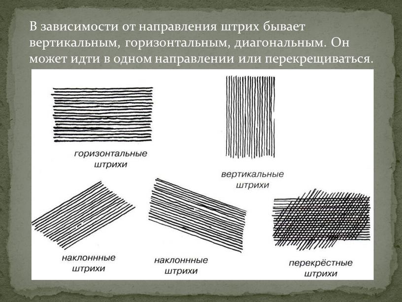 В зависимости от направления штрих бывает вертикальным, горизонтальным, диагональным