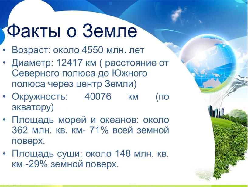 Факты о Земле Возраст: около 4550 млн