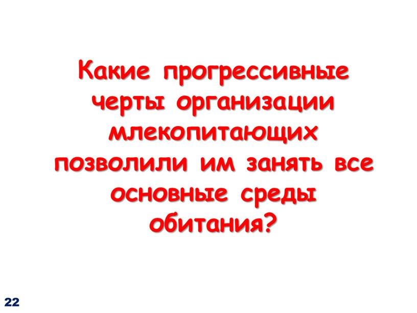 Какие прогрессивные черты организации млекопитающих позволили им занять все основные среды обитания? 22