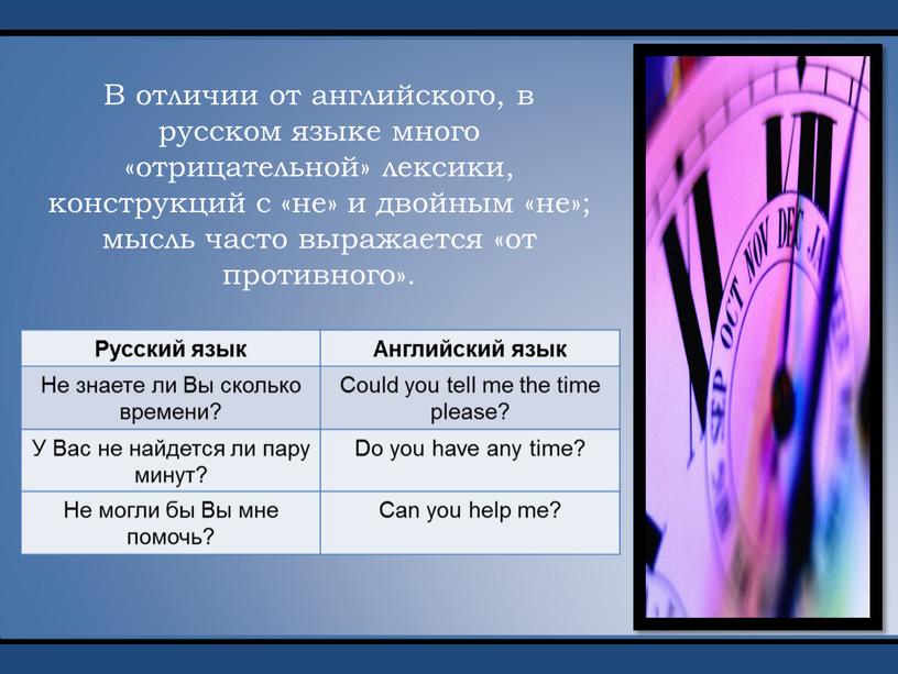 В отличии от английского, в русском языке много «отрицательной» лексики, конструкций с «не» и двойным «не»; мысль часто выражается «от противного»