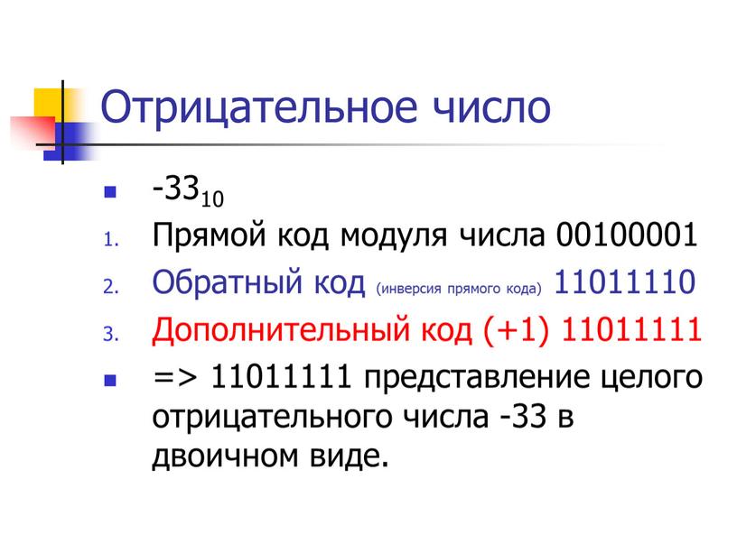 Отрицательное число -3310 Прямой код модуля числа 00100001