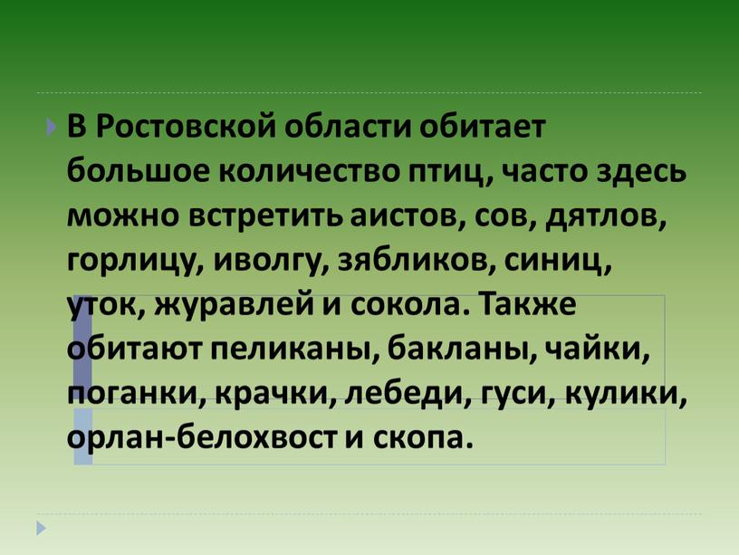 В Ростовской области обитает большое количество птиц, часто здесь можно встретить аистов, сов, дятлов, горлицу, иволгу, зябликов, синиц, уток, журавлей и сокола