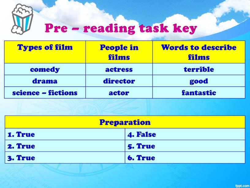 Pre – reading task key Types of film