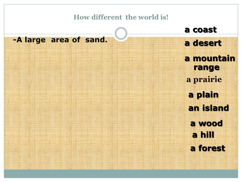 How different the world is! a prairie a coast a desert an island a plain a hill a mountain range a forest a wood -A…