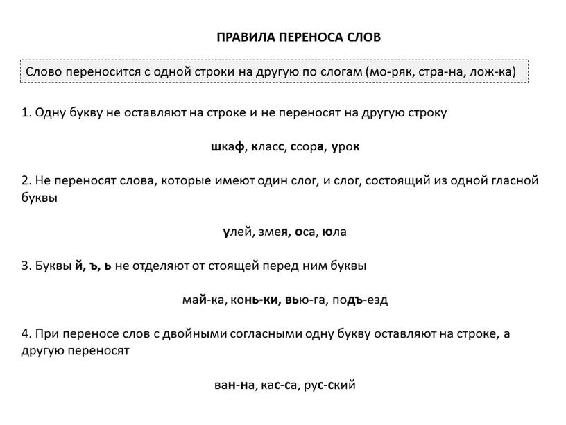 ПРАВИЛА ПЕРЕНОСА СЛОВ 1. Одну букву не оставляют на строке и не переносят на другую строку ш ка ф , к лас с , с…