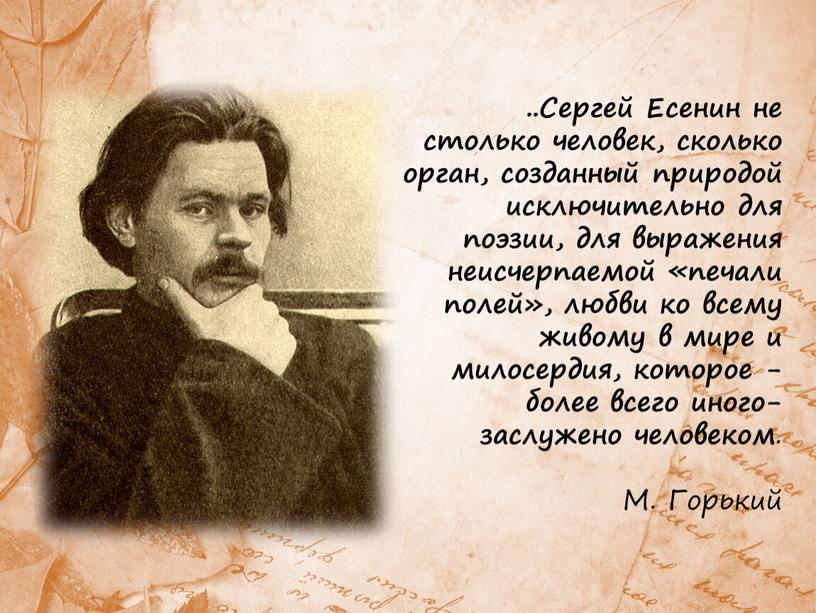 Сергей Есенин не столько человек, сколько орган, созданный природой исключительно для поэзии, для выражения неисчерпаемой «печали полей», любви ко всему живому в мире и милосердия,…