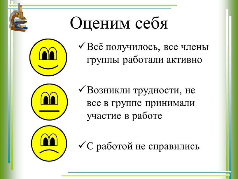 Оценим себя Всё получилось, все члены группы работали активно