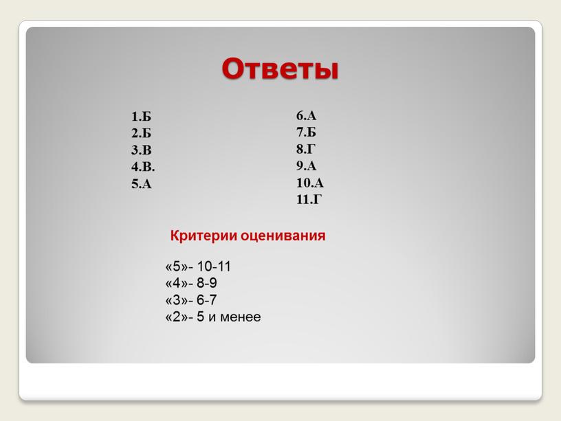 Ответы 1.Б 2.Б 3.В 4.В. 5.А 6.А 7