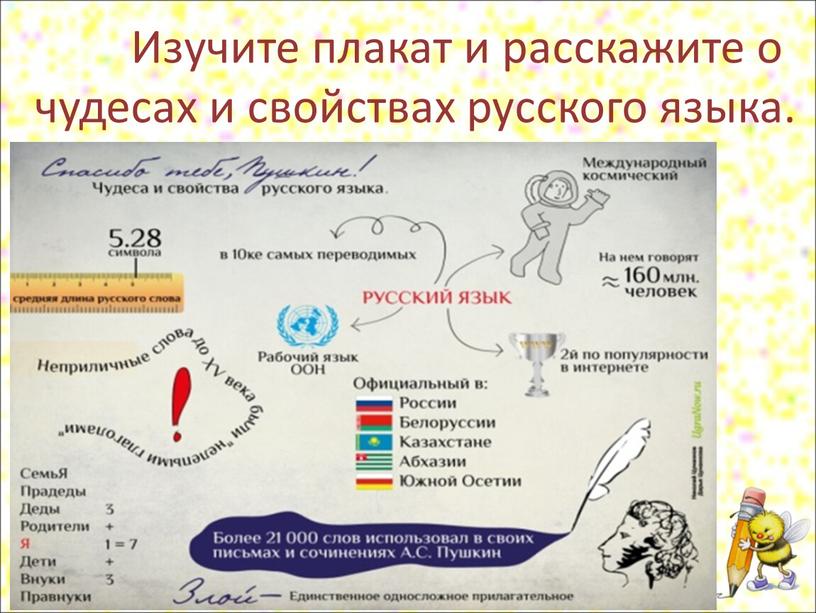 Изучите плакат и расскажите о чудесах и свойствах русского языка