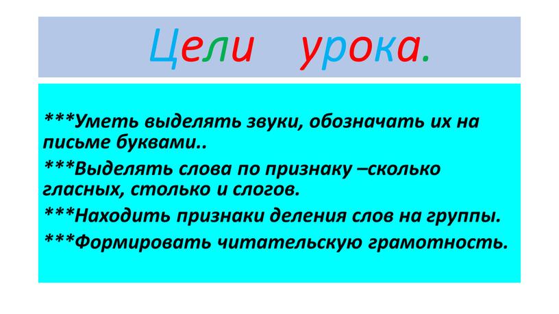 Цели урока. ***Уметь выделять звуки, обозначать их на письме буквами