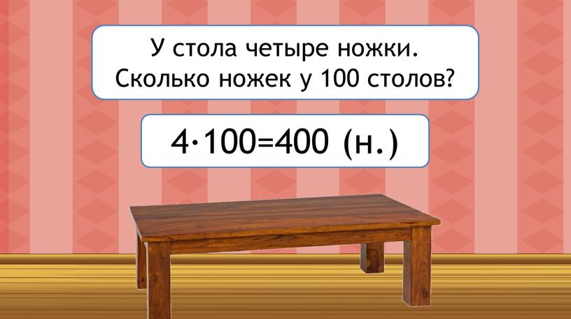 У стола четыре ножки. Сколько ножек у 100 столов? 4·100=400 (н