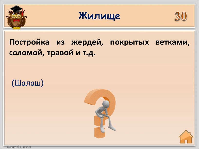 Жилище 30 (Шалаш) Постройка из жердей, покрытых ветками, соломой, травой и т