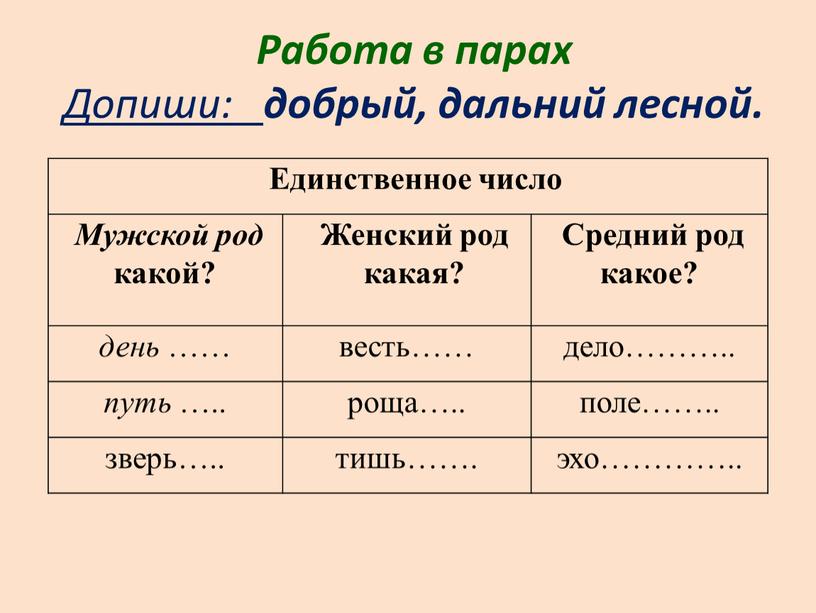 Работа в парах Допиши: добрый, дальний лесной