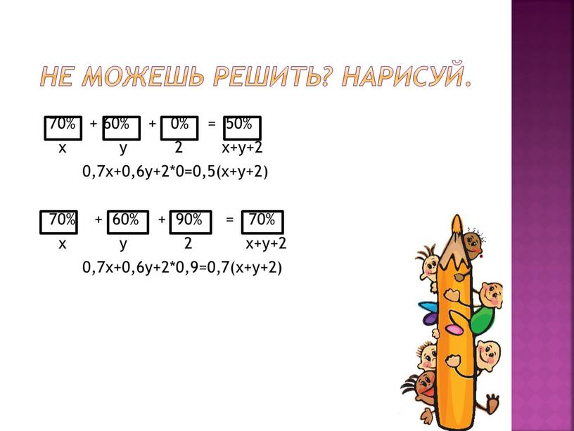 Не можешь решить? Нарисуй. 70% + 60% + 0% = 50% х у 2 х+у+2 0,7х+0,6у+2*0=0,5(х+у+2) 70% + 60% + 90% = 70% х у…