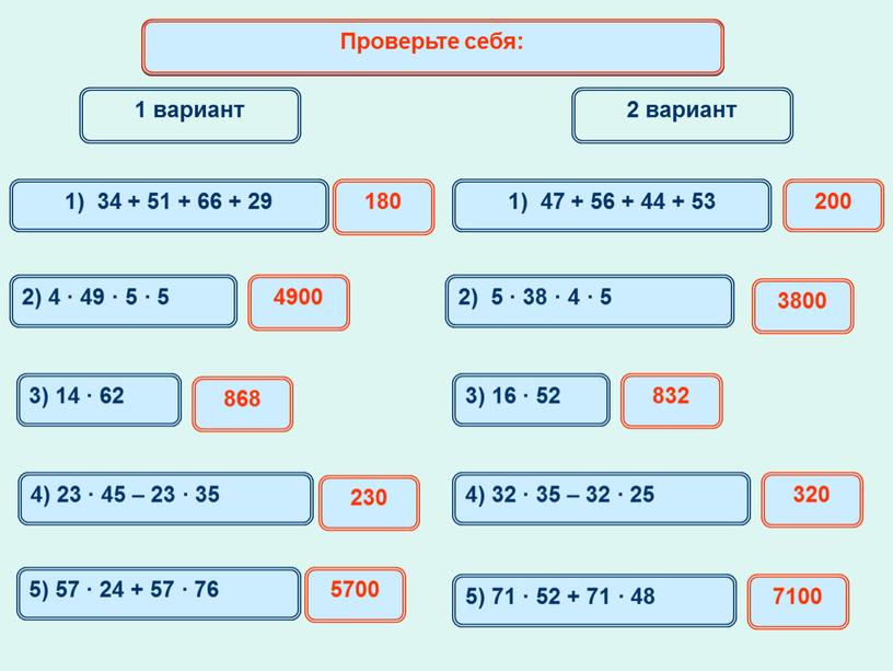 Математический диктант 1) 34 + 51 + 66 + 29 180 1) 47 + 56 + 44 + 53 200 2) 4 · 49 ·…