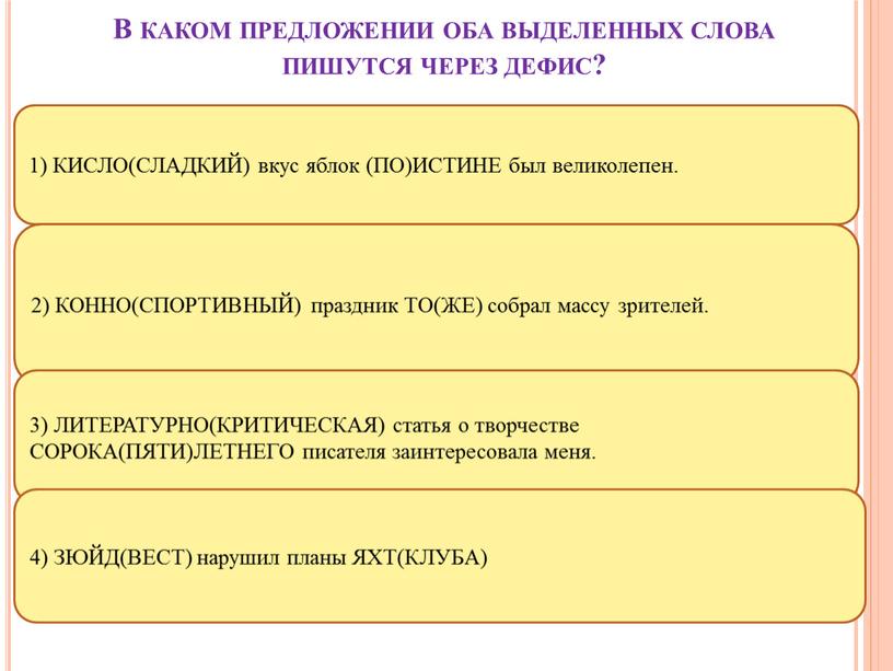 В каком предложении оба выделенных слова пишутся через дефис? 1)