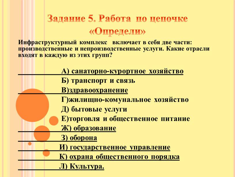 Инфраструктурный комплекс включает в себя две части: производственные и непроизводственные услуги