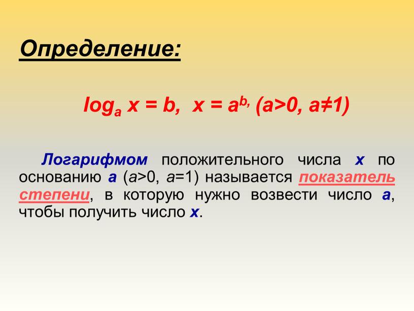 Определение: loga x = b, x = ab, (a>0, a≠1)