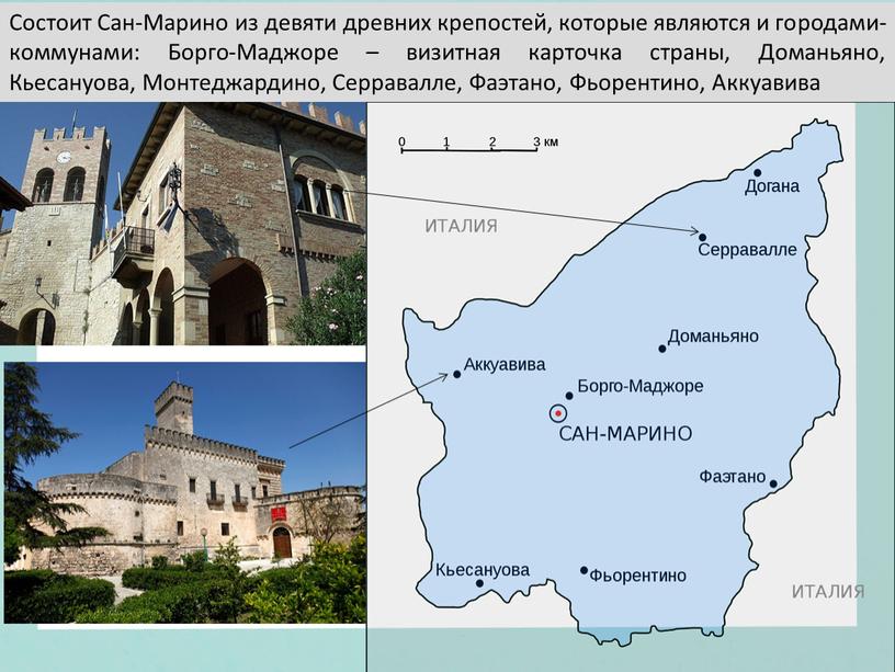 Состоит Сан-Марино из девяти древних крепостей, которые являются и городами-коммунами: