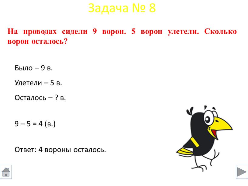 На проводах сидели 9 ворон. 5 ворон улетели