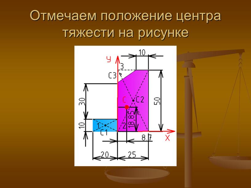 Отмечаем положение центра тяжести на рисунке