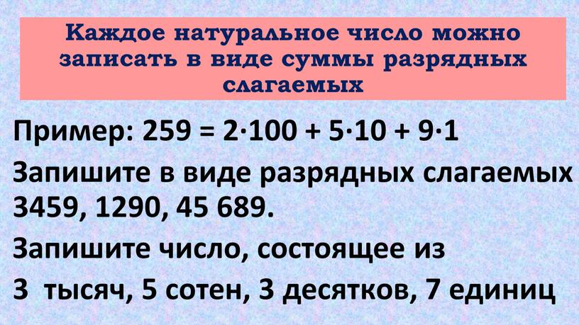 Каждое натуральное число можно записать в виде суммы разрядных слагаемых